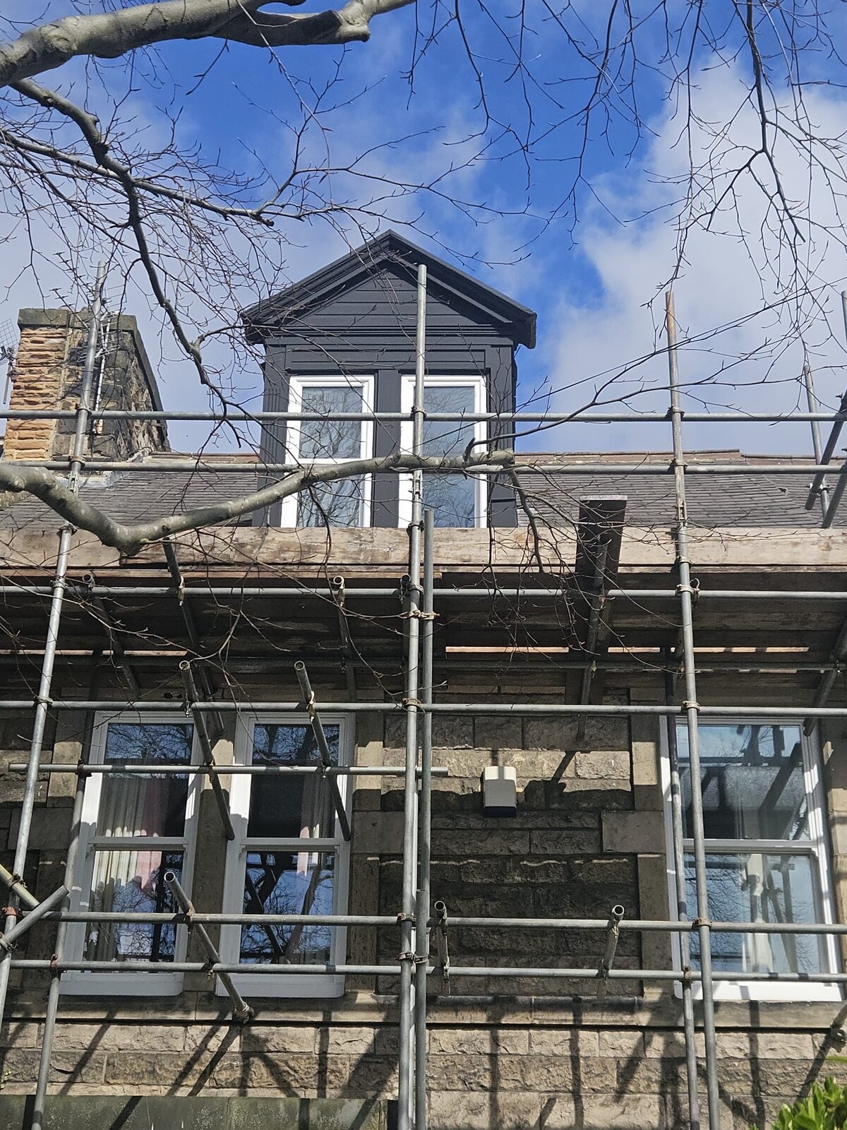 Dormer roof works with scaffolding