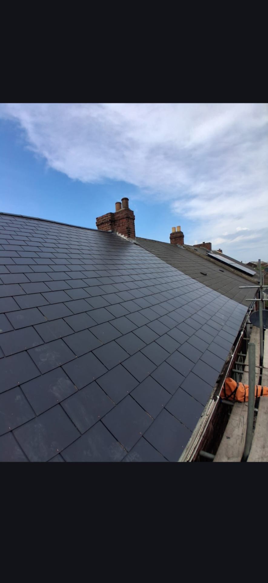 Newly installed slate roof with chimneys in the North East